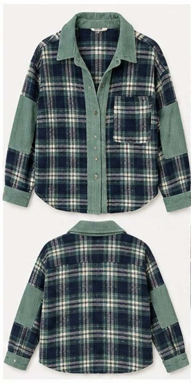 Easel Los Angeles Plaid Flannel Shirt Green Corduroy Patchwork Size L